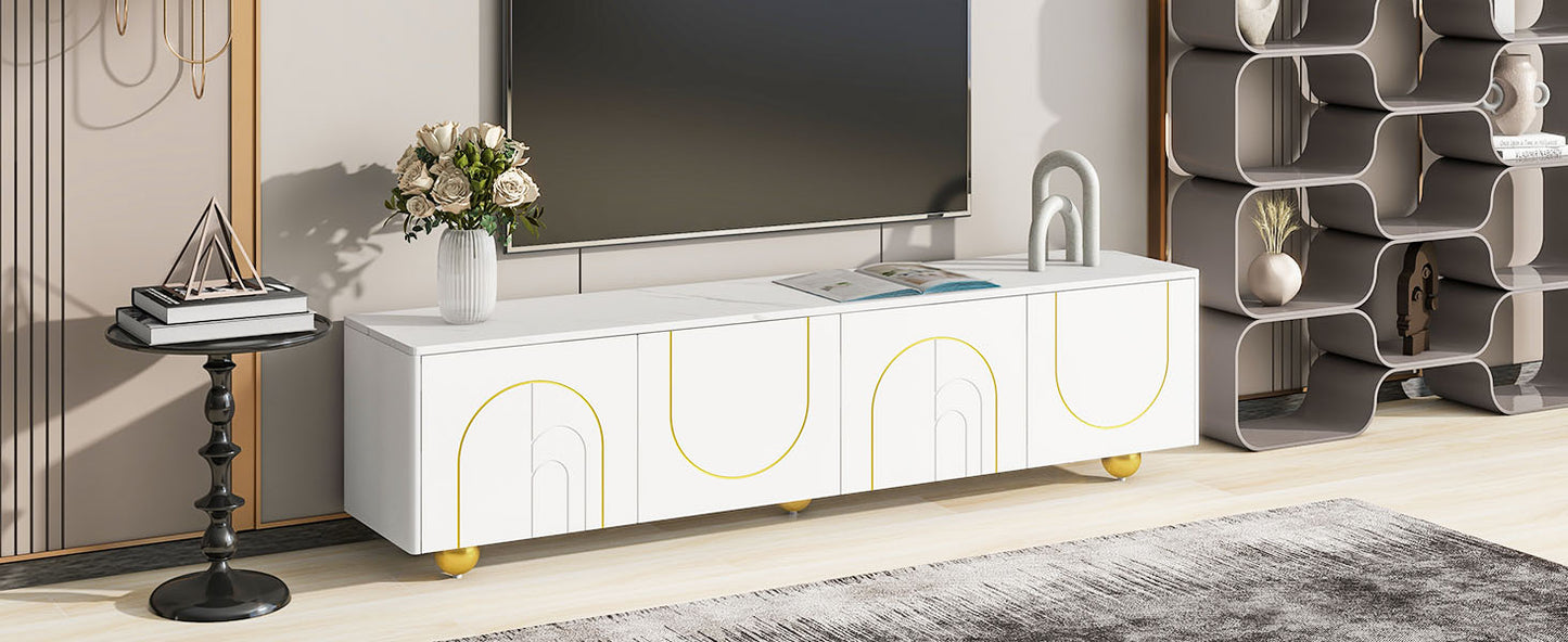 The U-Can modern TV stand is suitable for TVs up to 75 inches with storage cabinets and 1 adjustable marble and metal stand