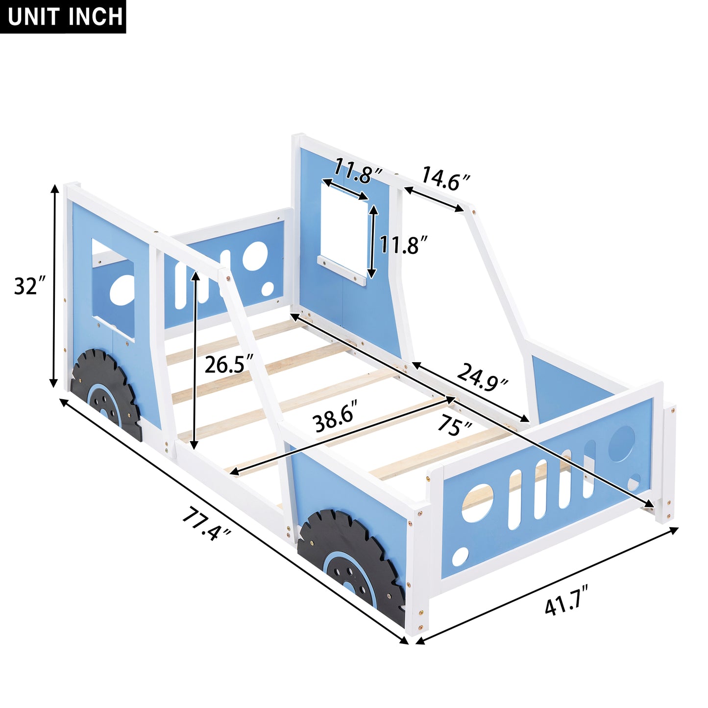 Twin Size Classic Car-Shaped Platform Bed with Wheels Blue