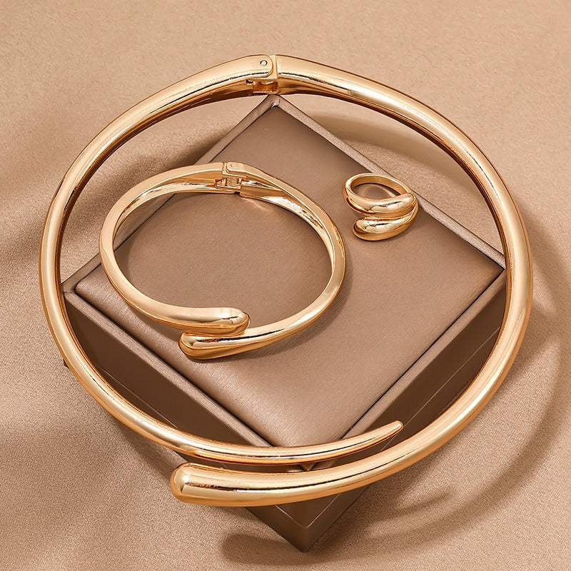 Minimalist Heavy Metal Geometric Ring Smooth Women's Necklace Bracelet Ring Jewelry Set