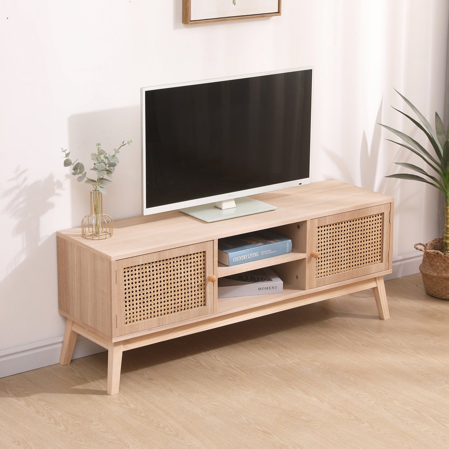 SUPERJARE Boho TV Stand for 55 Inch TV, Entertainment Center with Adjustable Shelf,Real Rattan TV Console with 2 Cabinets