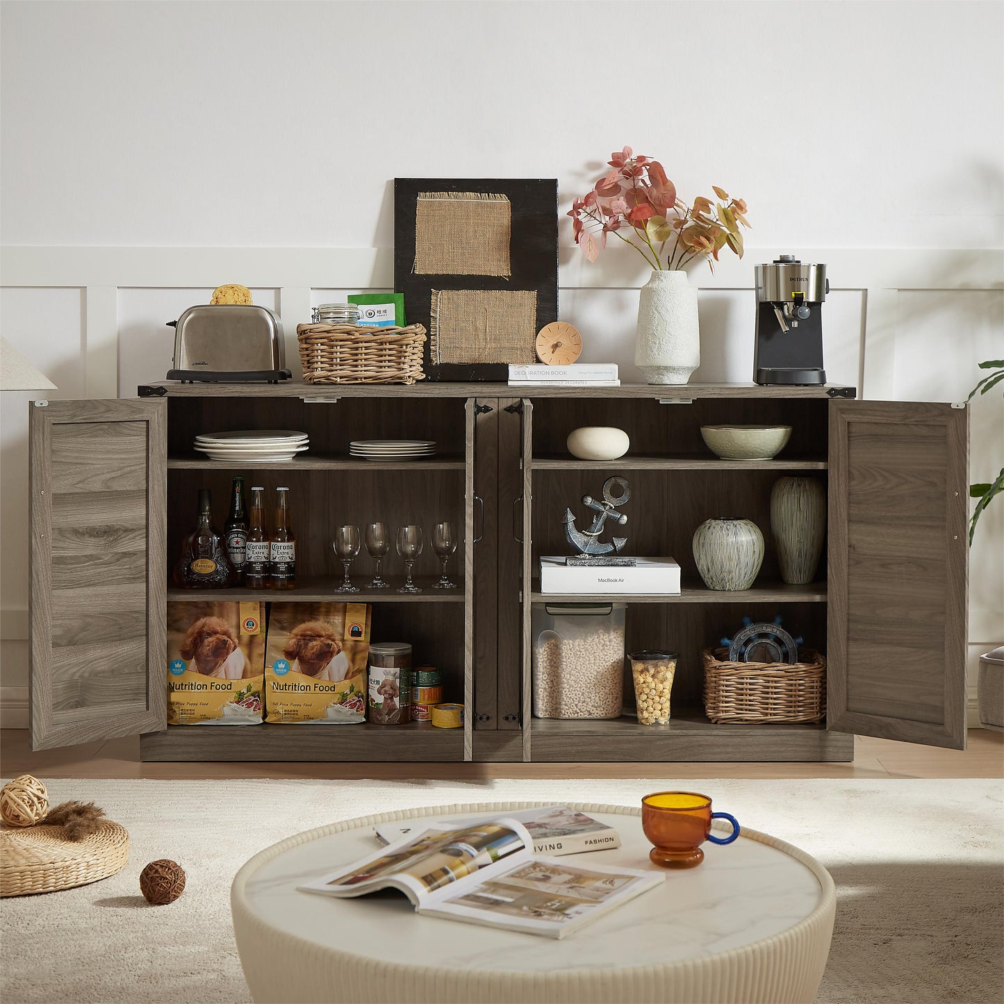 65-Inch Slate Gray Faux Rattan Sideboard with Barn Doors Rustic Sideboard, 4-Door Storage for Living Room, Entryway, Bedroom