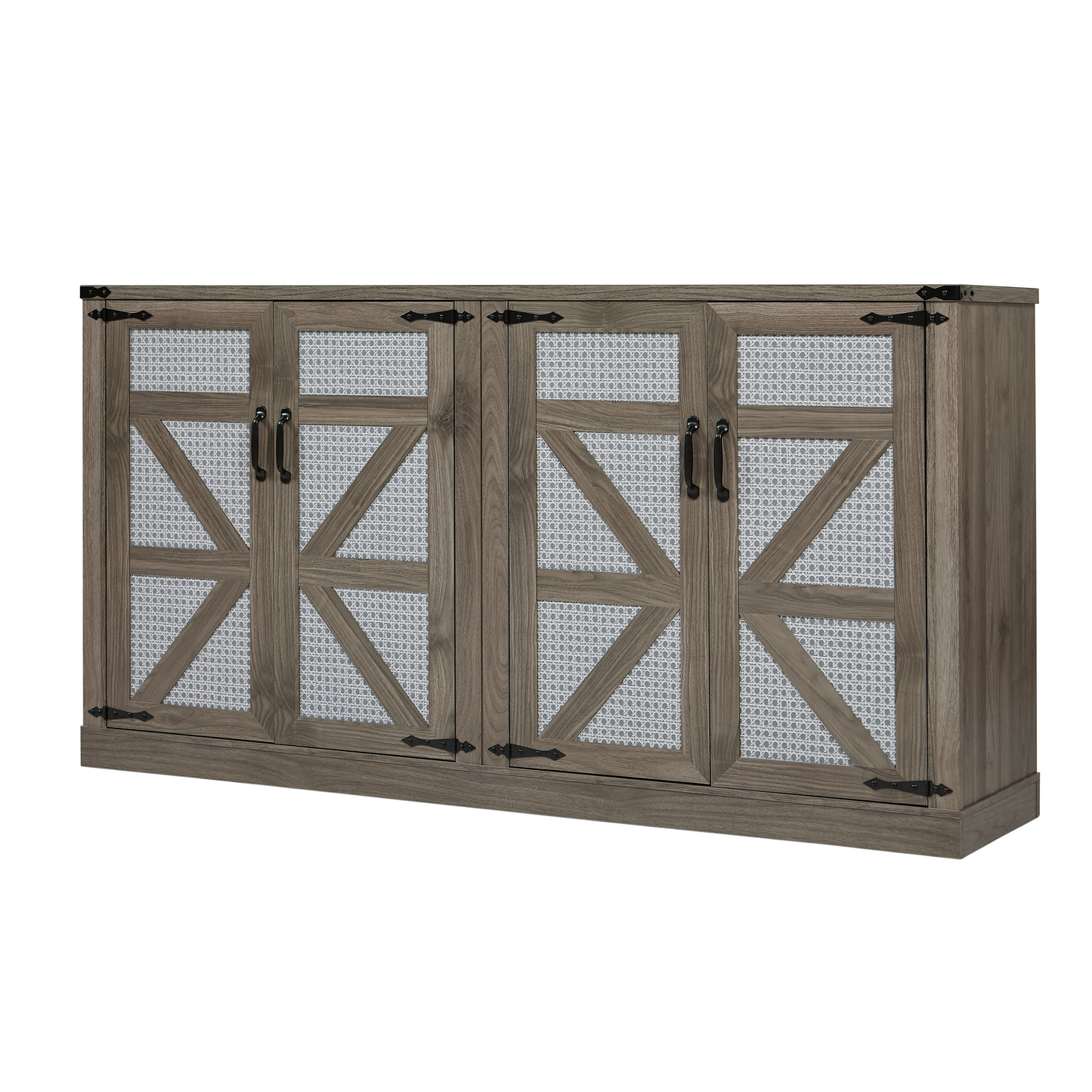 65-Inch Slate Gray Faux Rattan Sideboard with Barn Doors Rustic Sideboard, 4-Door Storage for Living Room, Entryway, Bedroom