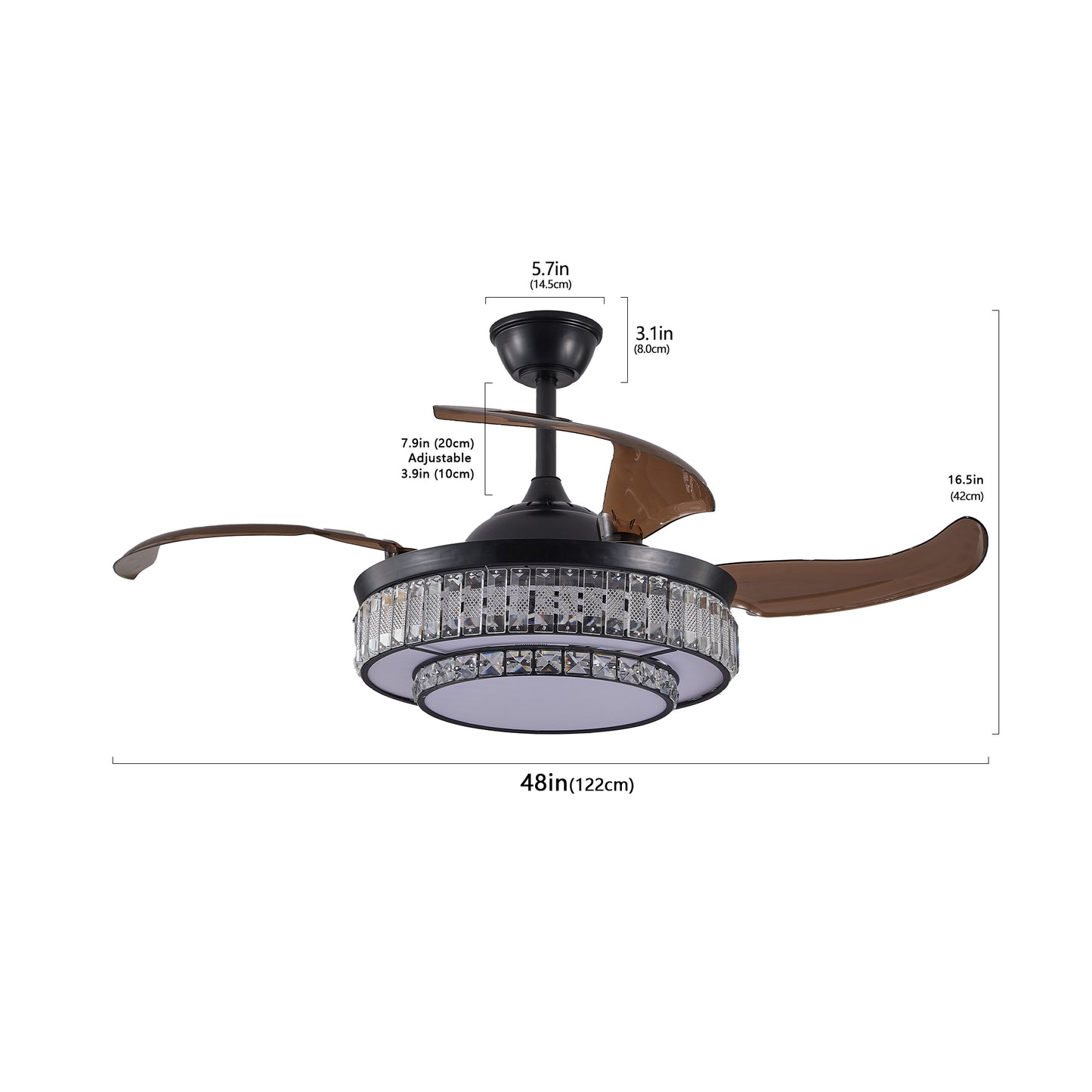 Modern LED retractable ceiling fan with lighting and remote control, silent reversible motor, 4-blade modern ceiling fan